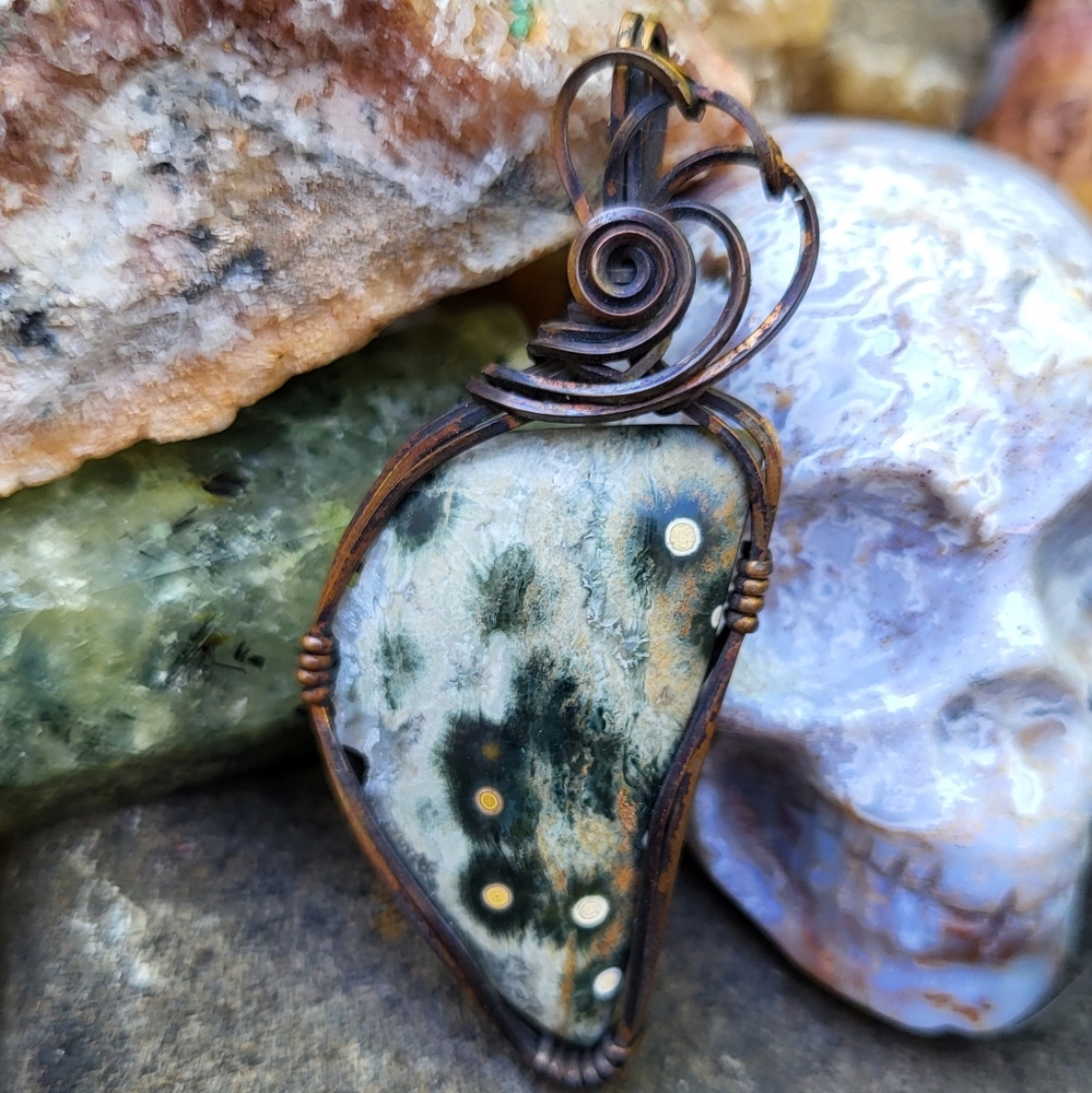 Handcrafted Boho Jewelry Copper Wire Wrap Ocean Jasper Pendant